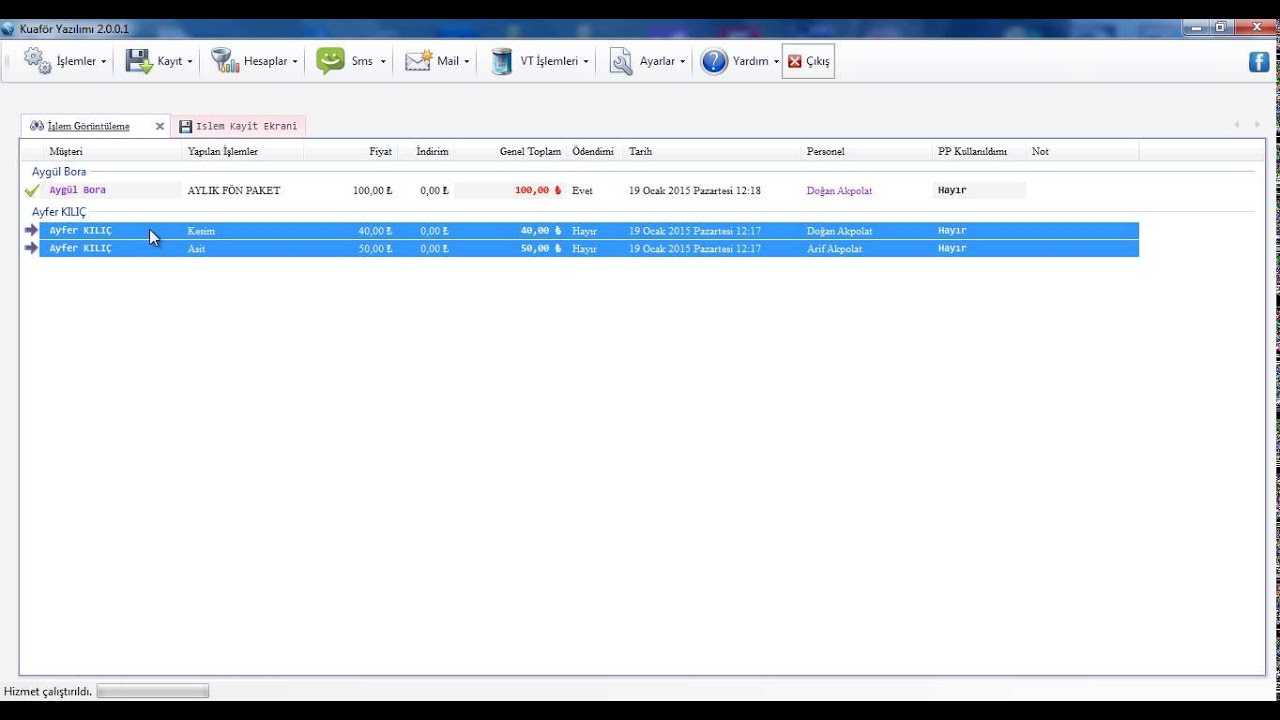 Kuaf&ouml;r Yazılımı İşlem G&ouml;r&uuml;nt&uuml;leme Ekranı