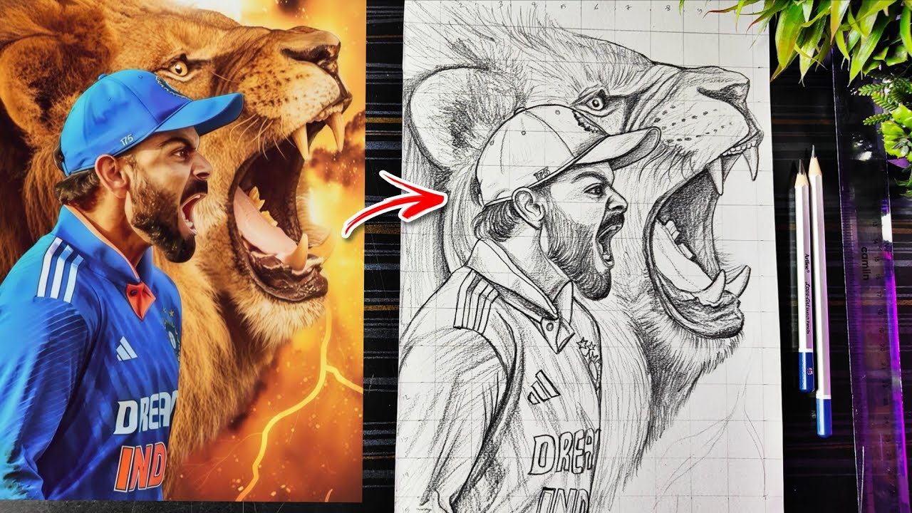 Virat Kohli Drawing, How To Draw Virat Kohli With Lion Face, विराट कोहली पेंसिल स्केच, Step By Step