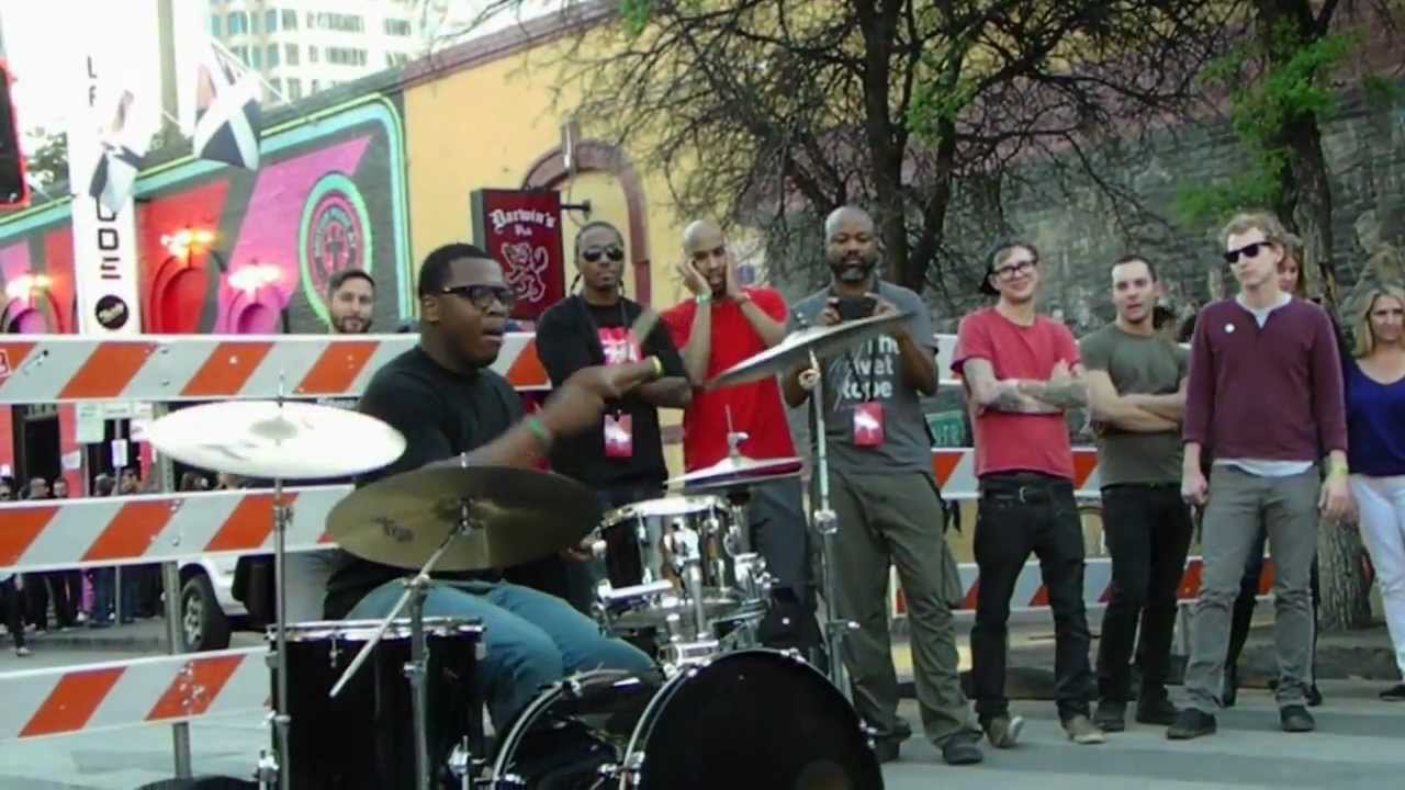 2013-03-13 Omen Drummer #2 with a Dancer-SXSW-Sixth Street-Austin TX