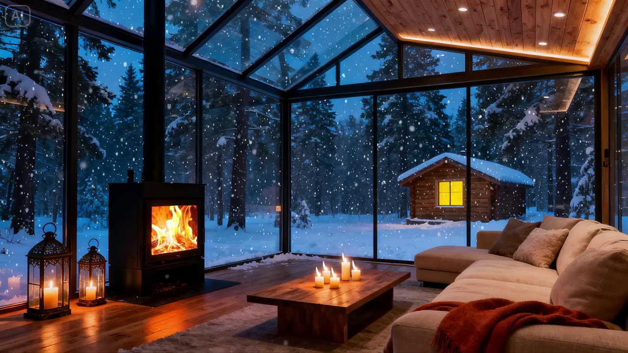 Cozy Fireplace Night in a Winter Cabin  Falling Snow Outside with Calm Sleep Ambience