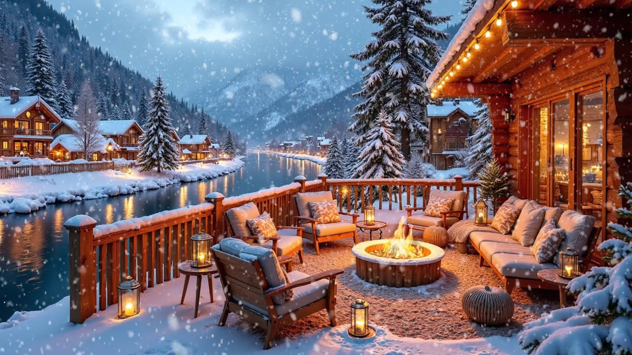 Relaxing Winter Lakeside Cabin ❄️ Piano Music & Warm Fireplace Ambience for Study & Work