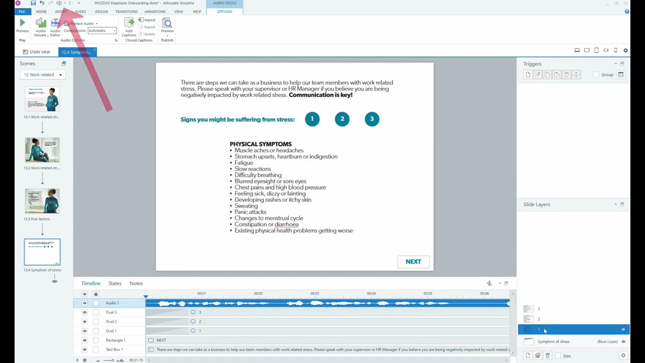 Managing audio files on layered slides Articulate 360