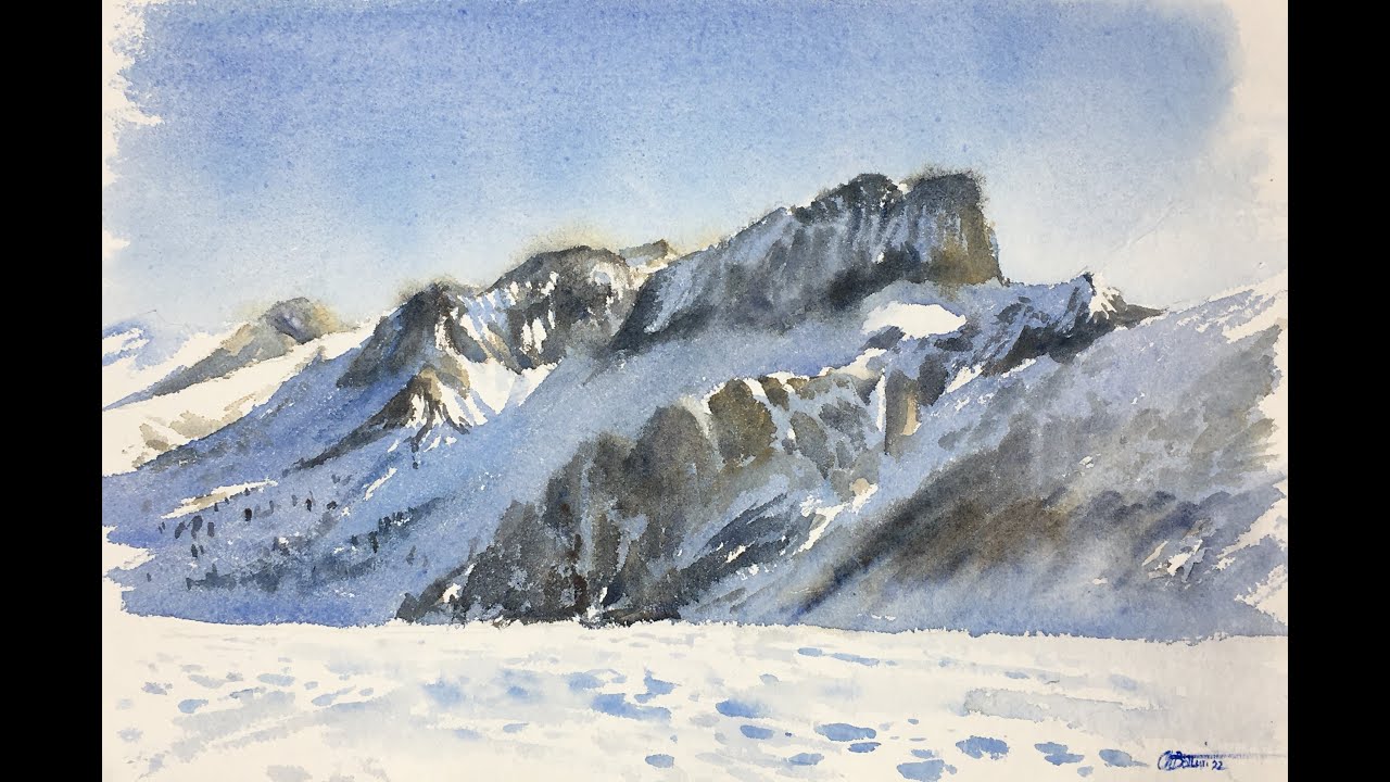 Snowy mountains landscape. Watercolor painting process video.