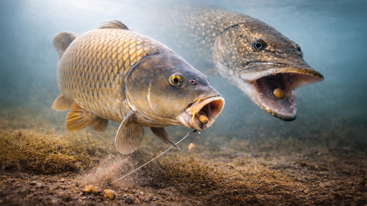 Carp fishing in the weeds with a greedy pike.
