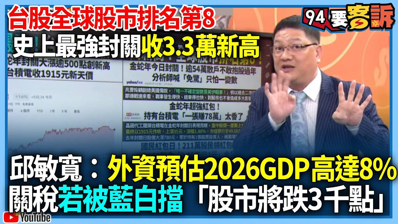 【94要客訴】台股全球股市排名第8！史上最強封關收3.3萬新高！邱敏寬：外資預估2026GDP高達8%！關稅若被藍白擋「股市將跌3千點」