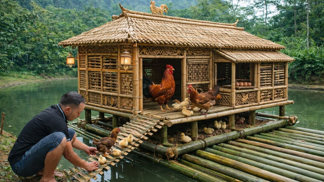 How to Build a Floating Chicken Coop Raft Using 15 Bamboo Trees | Full Process