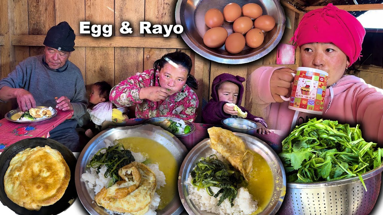 Egg Omelette & green Mustard (RAYO) recipe with Rice cooking & eating अण्डा र आयो को तरकारी सँग भात