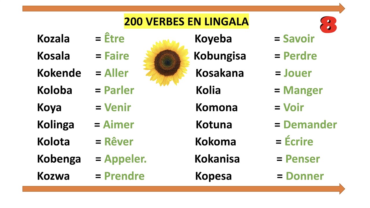 LEÇON 8 APPRENEZ 200 VERBES  UTILES POUR  PARLER LINGALA. FORMEZ DES PHRASES, DES EXEMPLES SIMPLES.