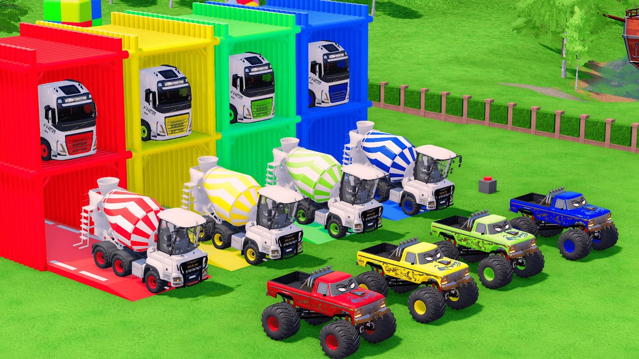 Garage with Colors ALL MIXER TRUCK WITH DOUBLE FLATBED TRAILER TRUCK, VOLVO, MAN, MONSTER, FS25 #32