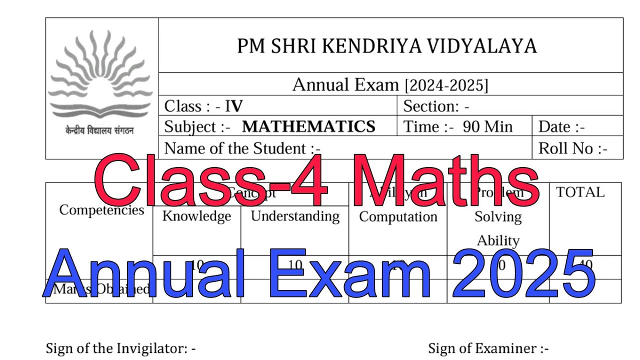(Paper-3) Class-4 Maths / Annual Exam Question Paper / Session 2024-25 /Session Ending Exam of KV