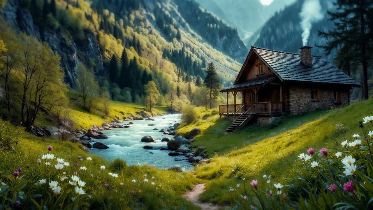 🌸 Cozy Valley Cabin by Rushing River 🏞️ Flower Meadow Ambience Relaxing ASMR