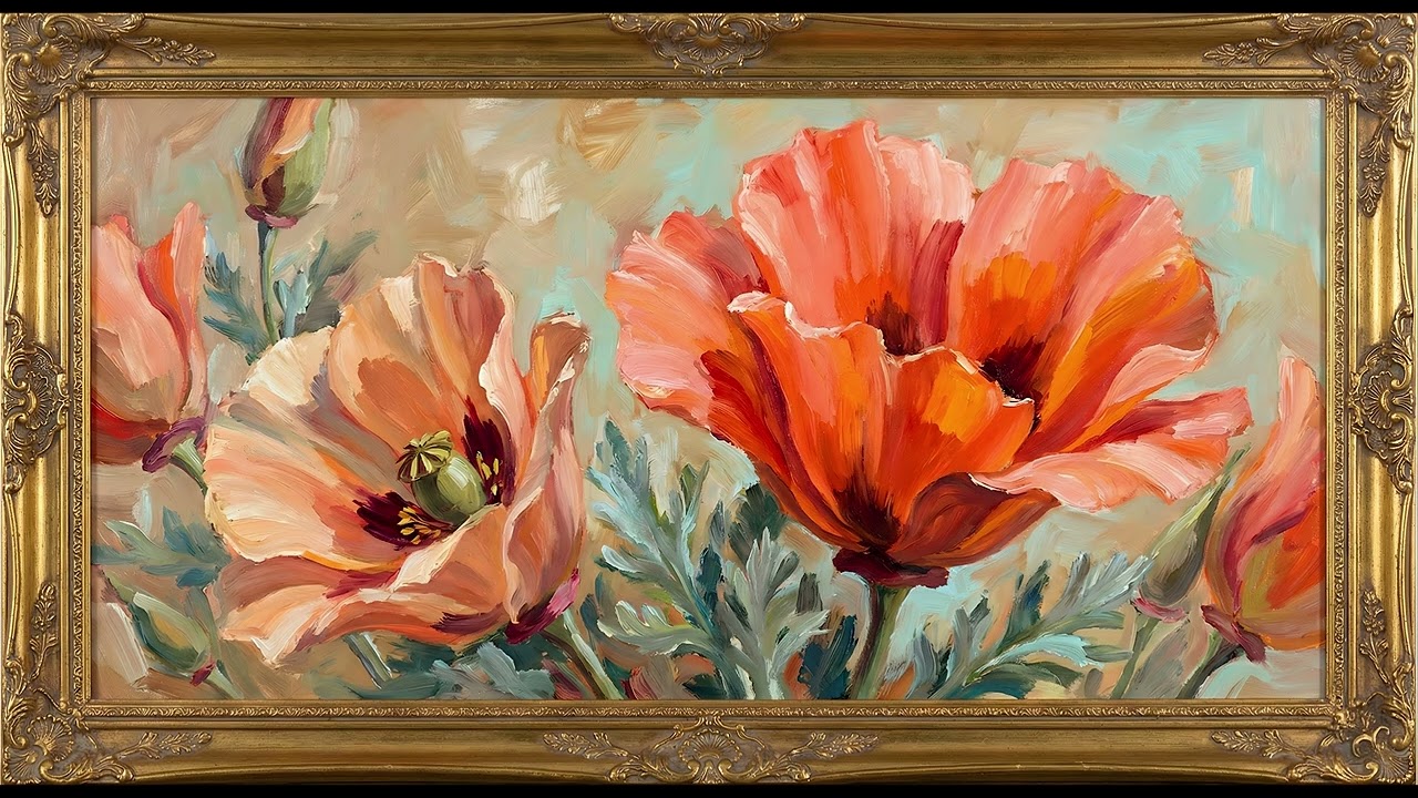 Vibrant Coral Poppies 4K | Gold Frame TV Art | 2 Hour Bold Summer Floral Screensaver