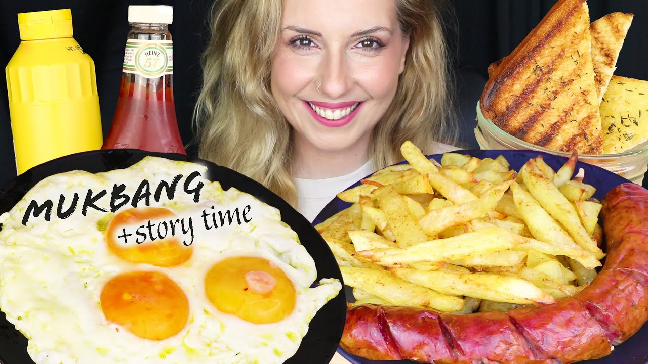 BREAKFAST MUKBANG + DOUBLE STORY TIME - Eggs, Fries, Sausage & Garlic Bread | 먹방 | Eating Sounds
