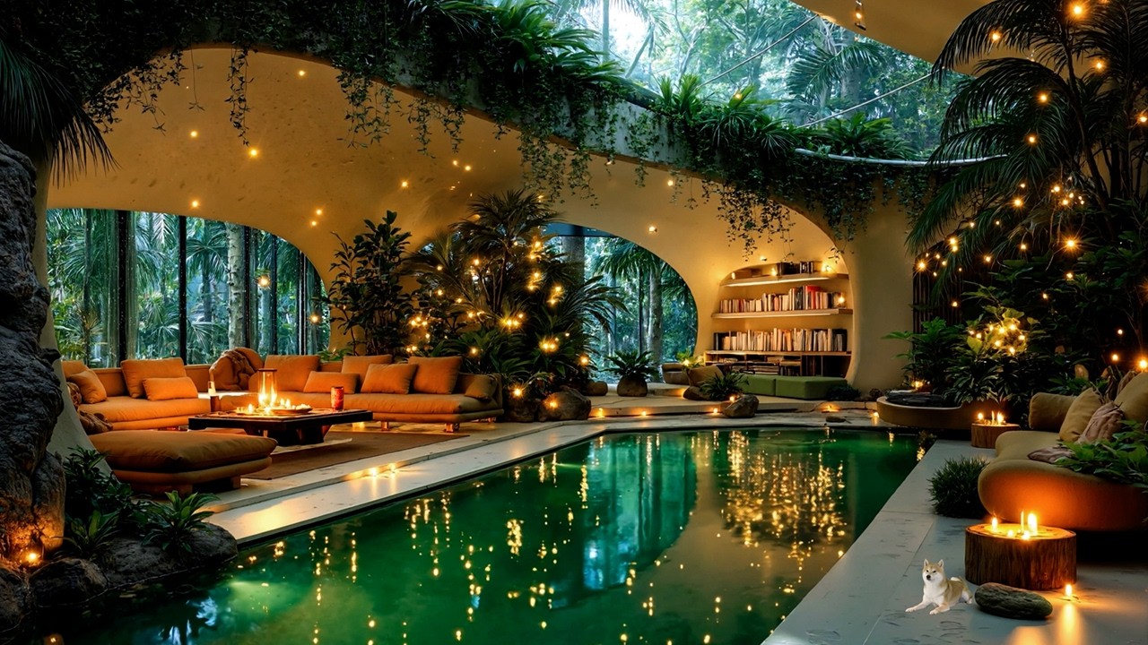 Rainy in a Luxury Rainforest Lounge 🌧️ Smooth Jazz Ambience by the Indoor Pool for Deep Relaxation