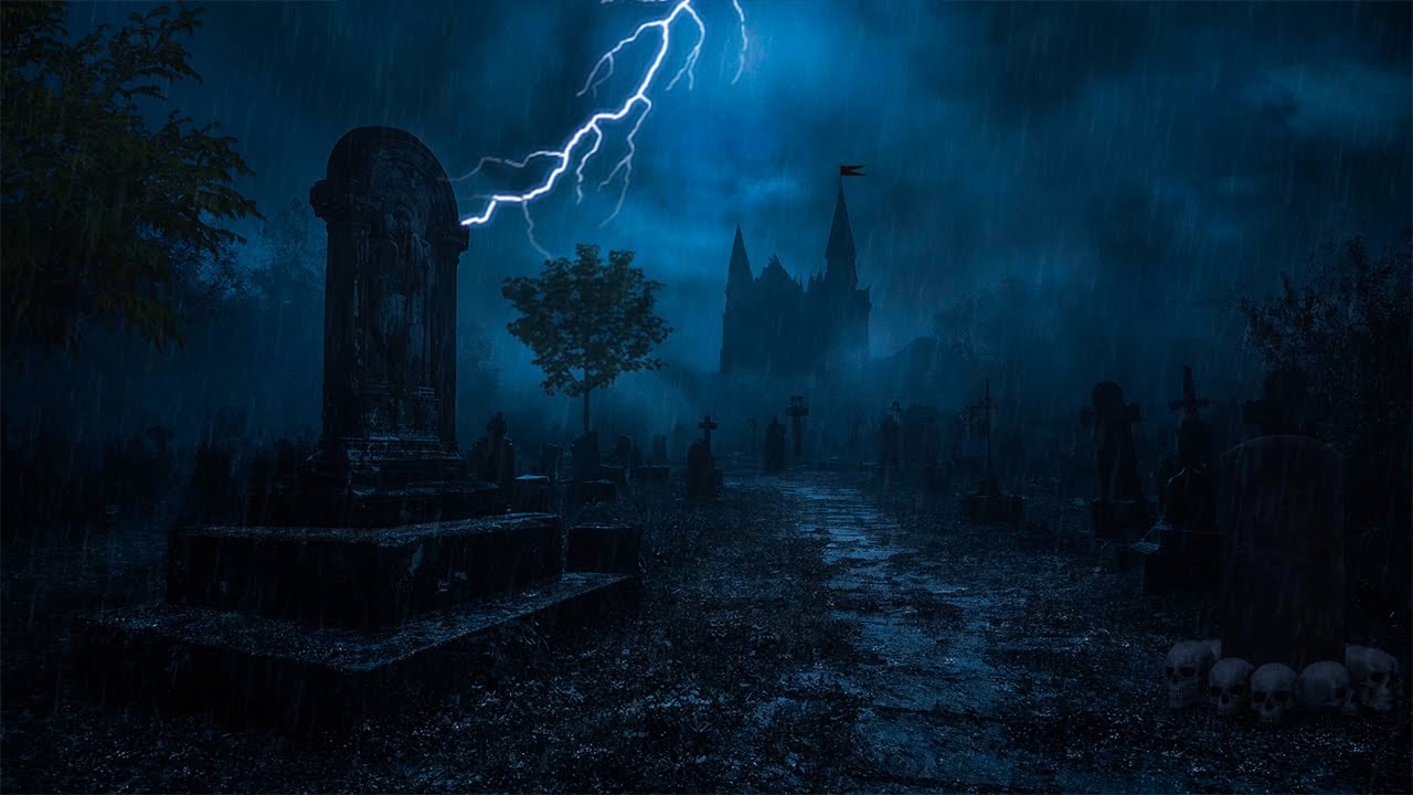 Haunted Graveyard in Heavy Rain | Thunderstorm Night Ambience,Dark Castle & Lightning, Dare to Walk?