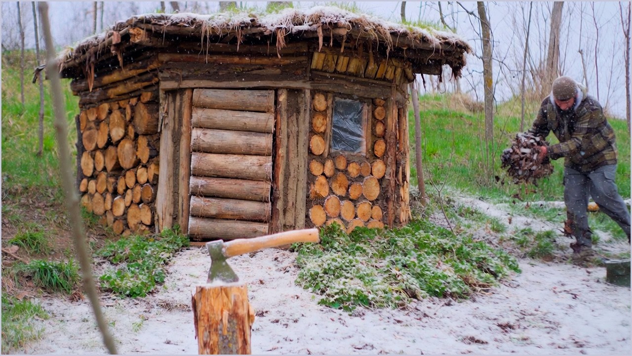 Building a Warm and Cozy Log Cabin into a Hillside | Bushcraft Survival