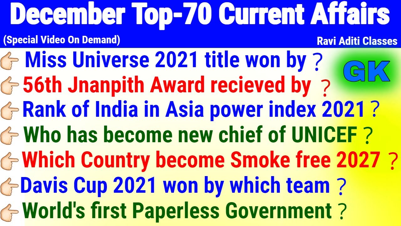 December Current Affairs 2021 in English | important Current Affairs Questions | Full Month Current
