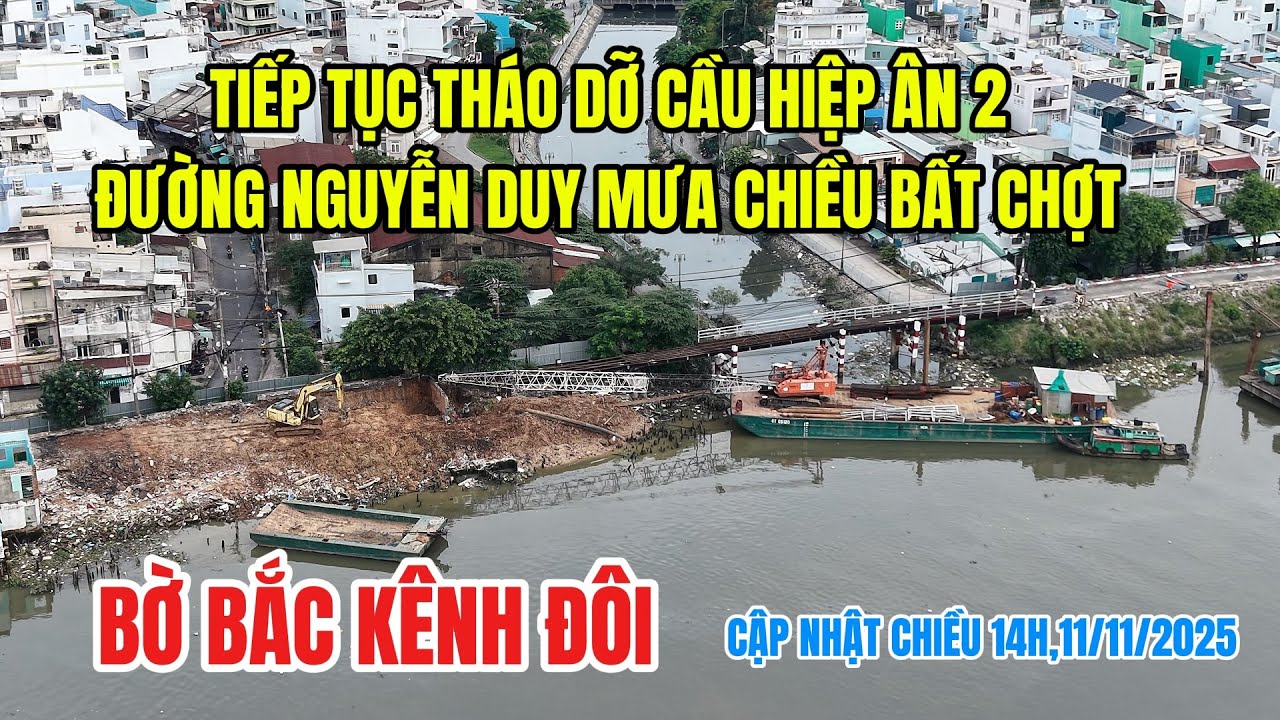 Bờ bắc kênh Đôi quận 8 : Tiếp tục tháo dỡ cầu Hiệp Ân 2- đường Nguyễn Duy bất chợt cơn mưa chiều