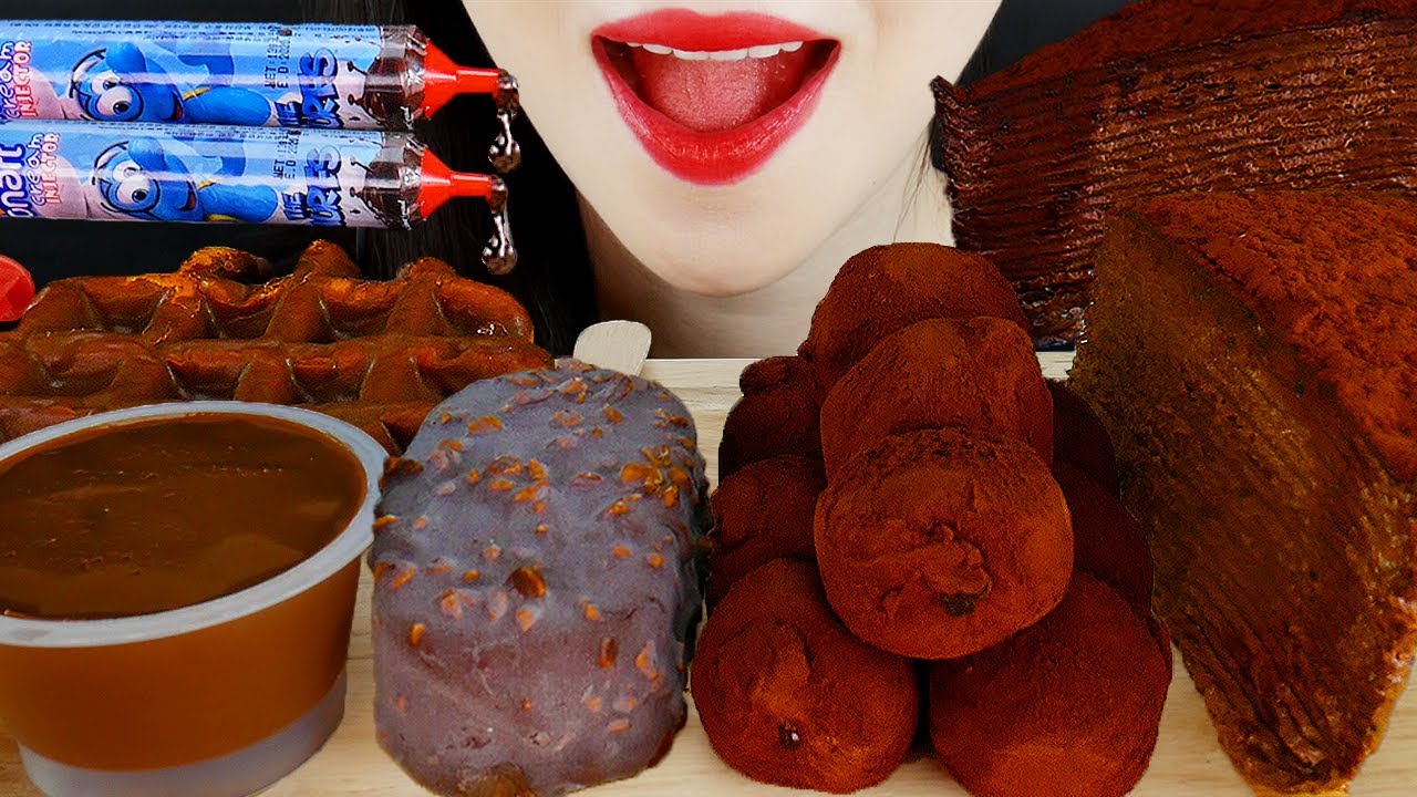 ASMR CHOCOLATE FOODS ICE CREAM & CHOCOLATE CREPE CAKE & RICE CAKE & WAFFLE & NANA EATING SOUND