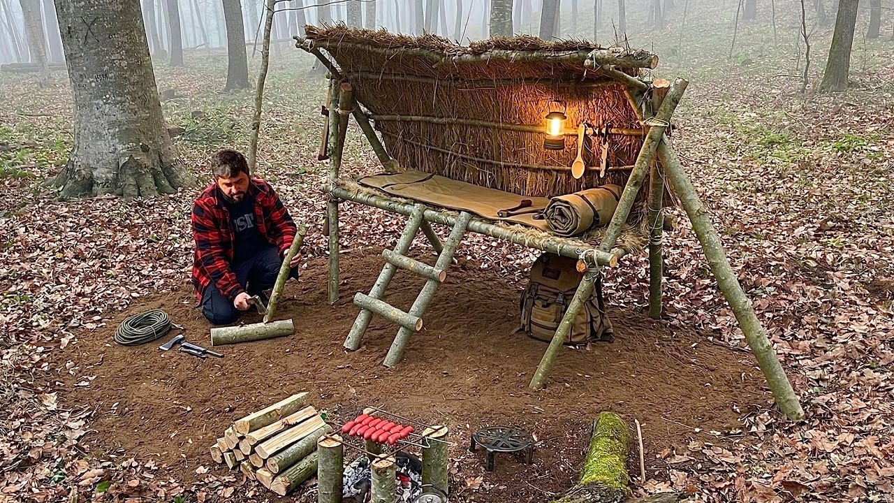 Bushcraft Wilderness Camping; Building an Elevated Survival Shelter. Off Grid Cooking