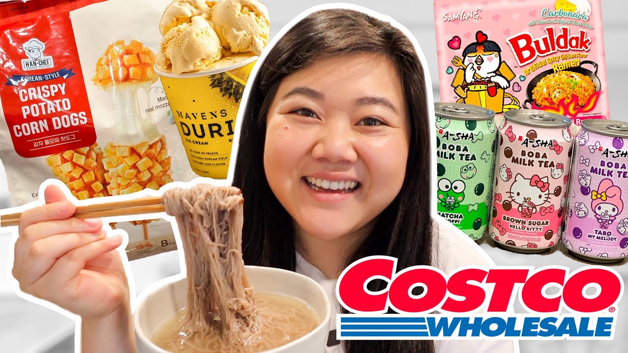 Trying NEW ASIAN FOOD at COSTCO Part 2! (korean corndogs, hello kitty boba, samyang ramen + more)