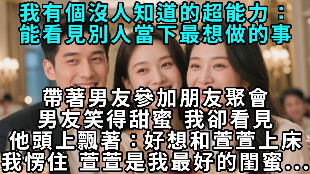 我有個沒人知道的超能力：能看見別人當下最想做的事。帶著男友參加朋友聚會，男友笑得甜蜜，我卻看見他頭上飄著：想和萱萱上床...我愣住了，萱萱是我最好的閨蜜...