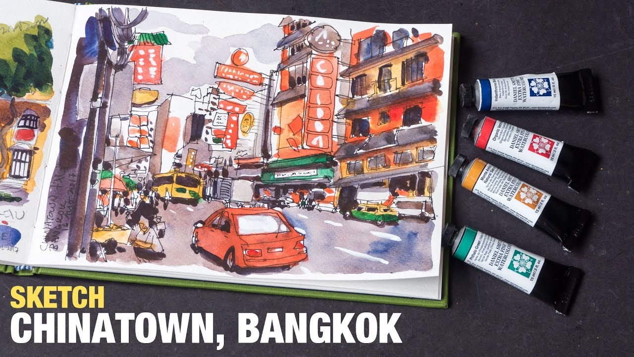 Sketch of Chinatown of Bangkok, Thailand (timelapse)