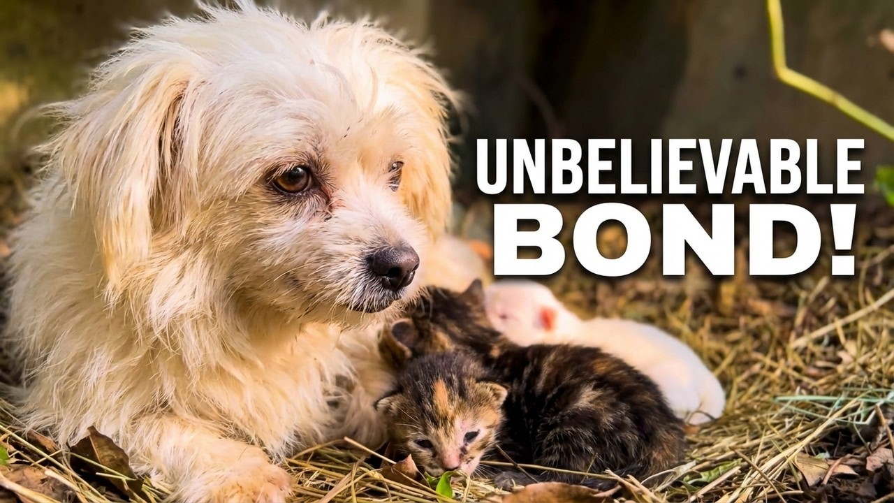 A Mother Dog Caring for Puppies AND Baby kittens in the Forest