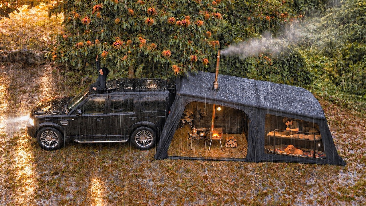 Camping in Forest with My Dog . Inflatable Tent with a 2-Tier Bunk Bed . Wood Stove ASMR