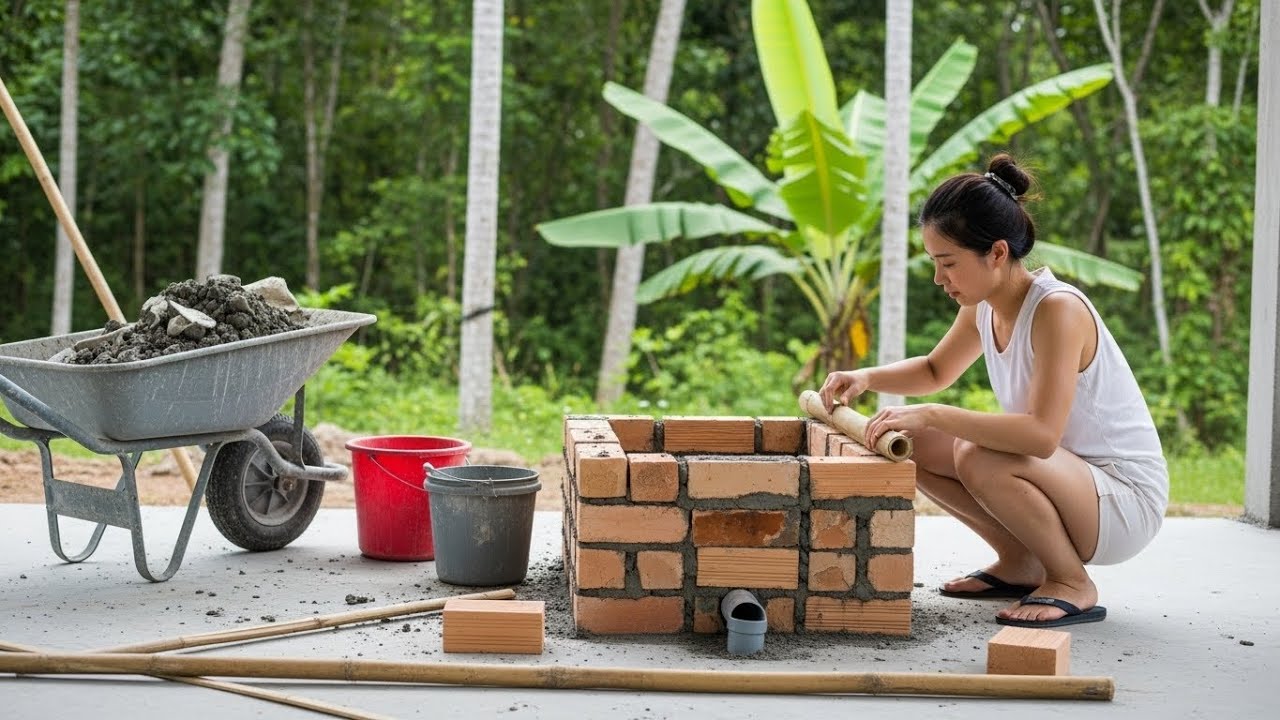 Building a Bamboo and Brick Stove Inside My New Wooden House in the Forest
