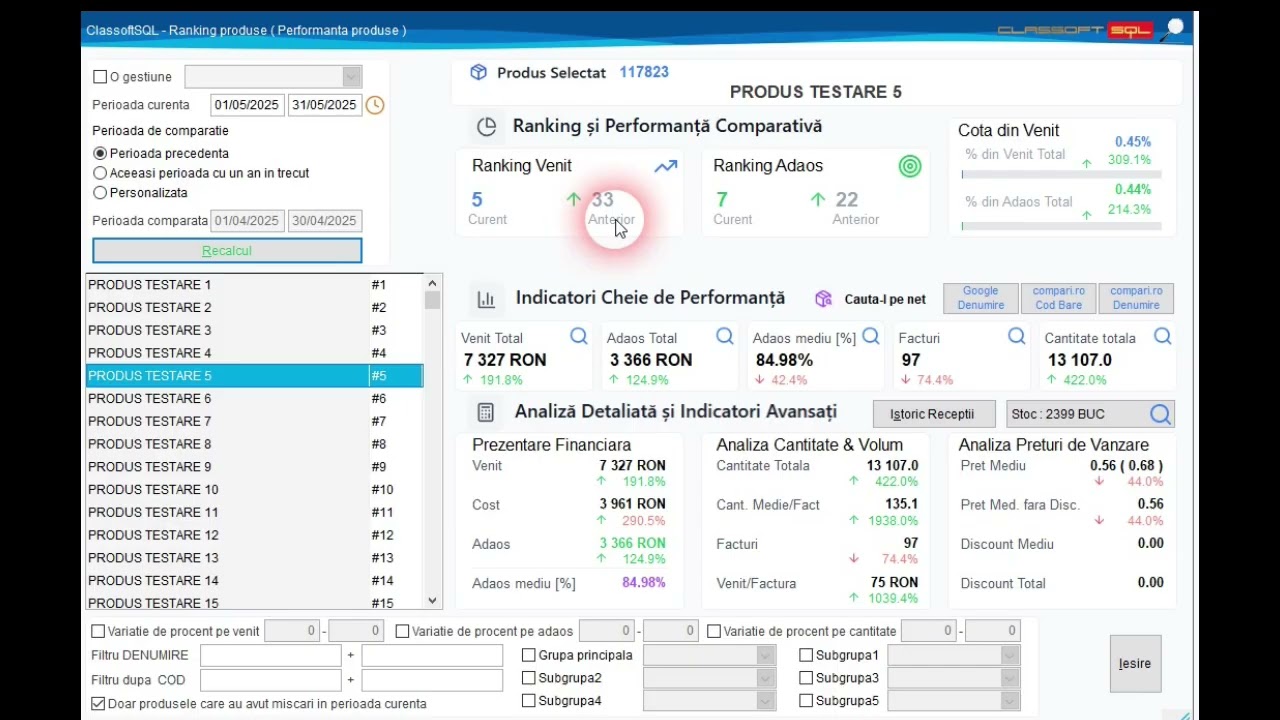 Ranking Produse în ClassoftSQL ERP – Analiza Venit, Adaos și Performanță Produse