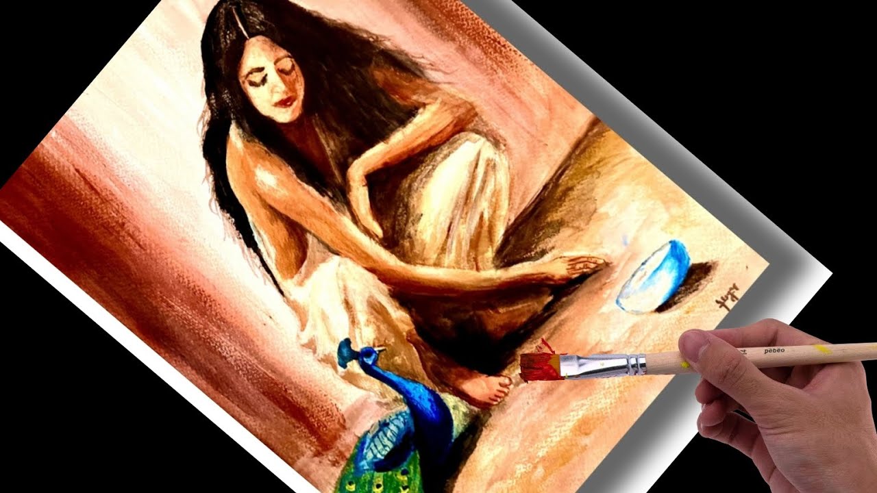 How to paint with acrylic | Beautiful girl and peacock | 🎨 easy painting