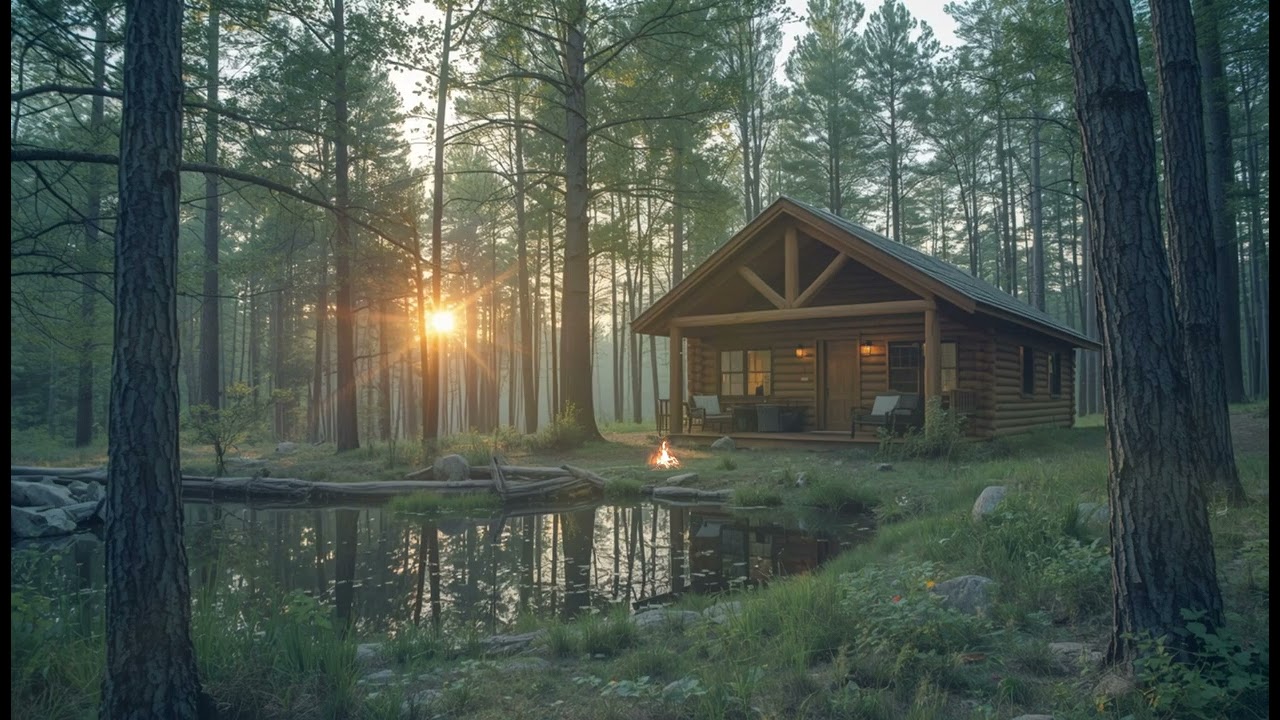 Peaceful Cabin Sunrise Ambience 🌅 Campfire & Calm Pond Morning Escape