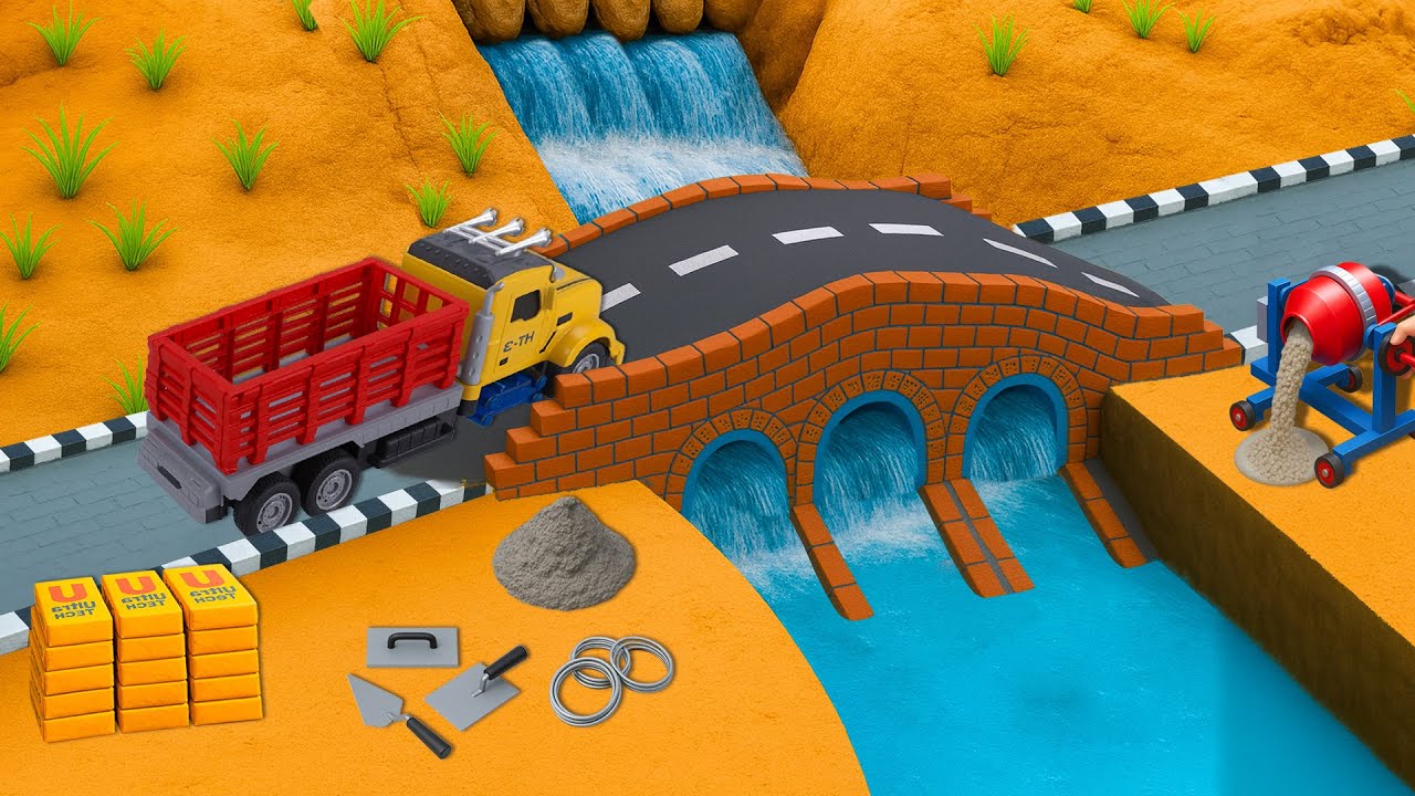 Building Mini Brick Bridge Using Cement, Sand and Mixer - DIY Construction Project@TinyBuilderLab