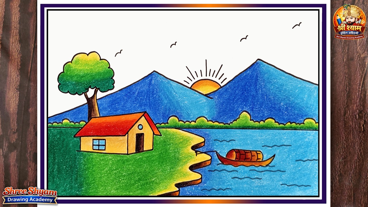 How to Draw Easy Village Scenery with House, River, Boat, Trees, Mountain | Easy Drawing Tutorial