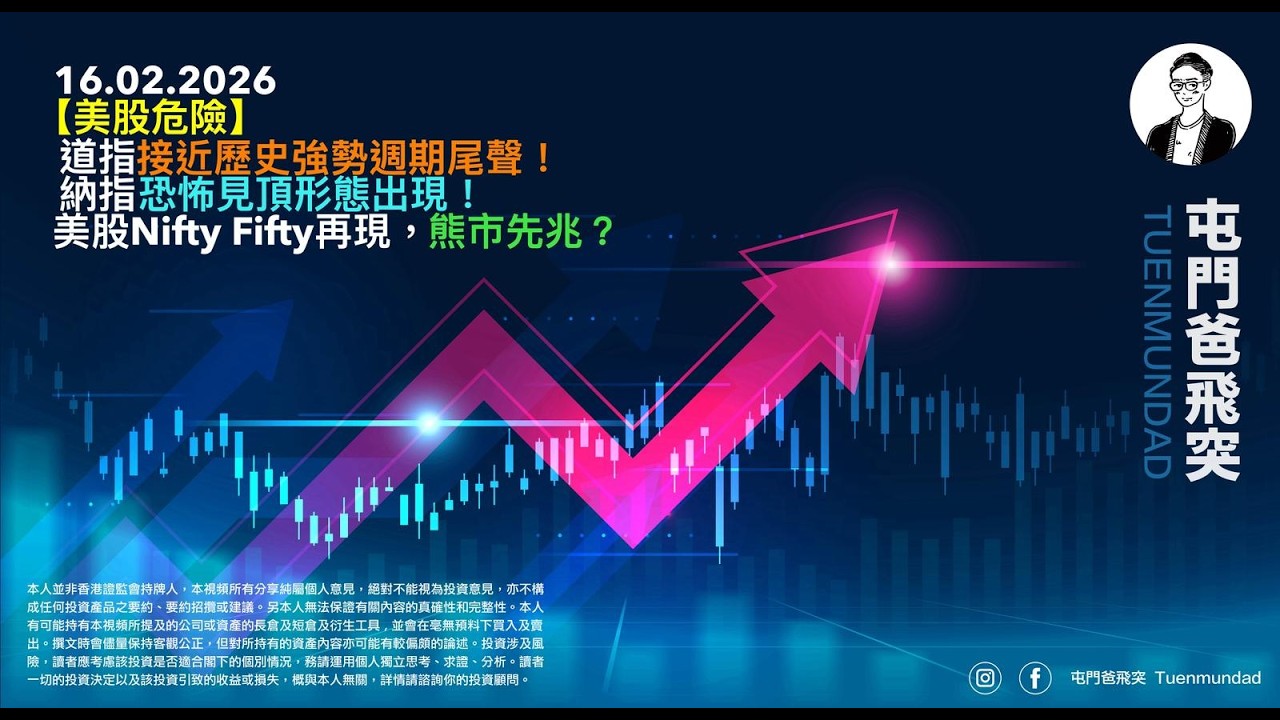 2026年2月16日 【美股危險】道指接近歷史強勢週期尾聲！納指恐怖見頂形態出現！美股Nifty Fifty再現，熊市先兆？