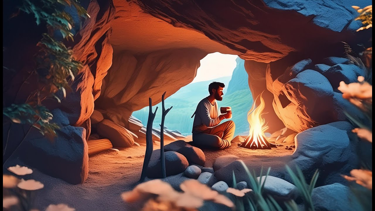 Refuge in primitive cave.Bushcraft & Survival & DIY