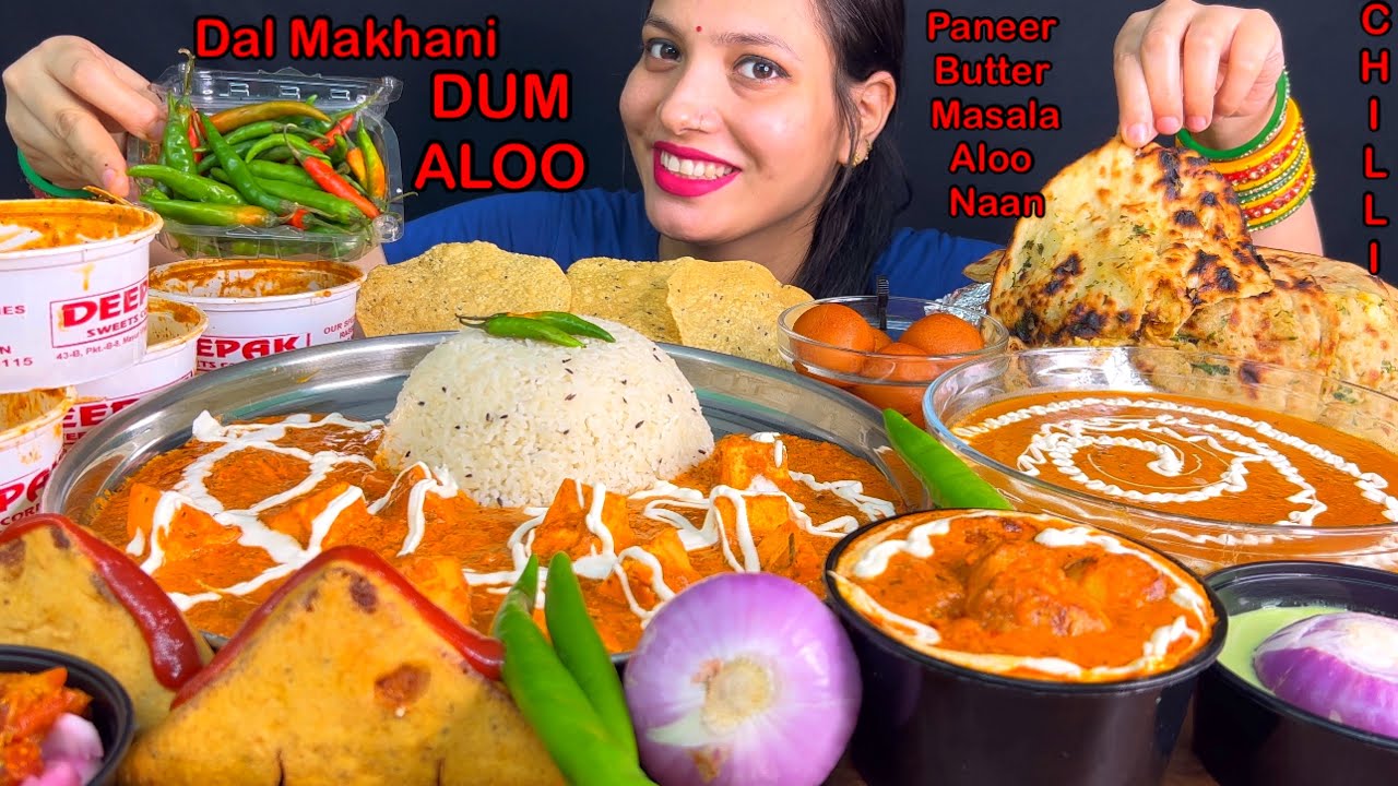 Eating Spicy🔥 Paneer Butter Masala, Dum Aloo, Dal Makhani, Jeera Rice, Aloo Paratha, Stuffed Naan