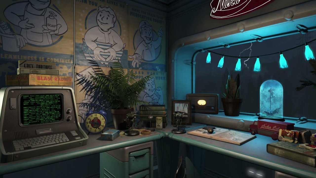 10 Hour Vault 5 Study Session: Smooth Jazz and Rainy Night Ambience in Fallout 4 / Chill Sleep Vibe