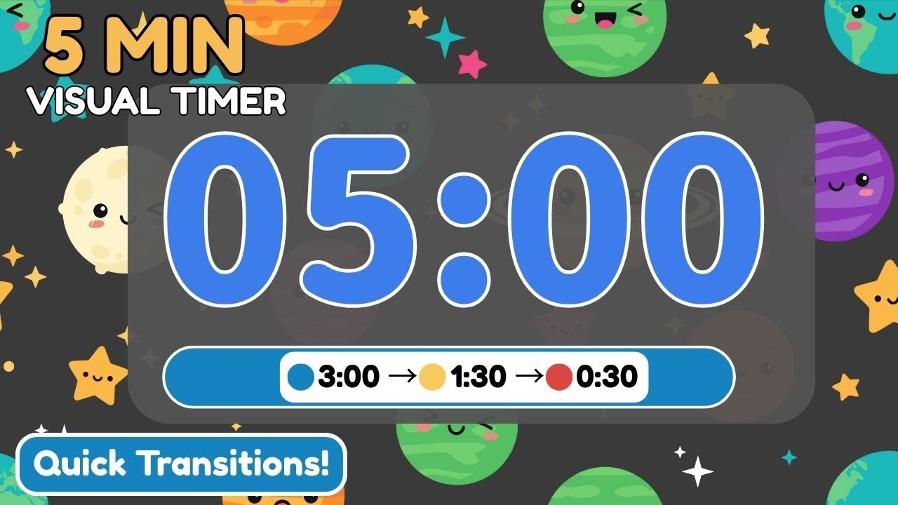 5 Minute Visual Timer for Kids 🪐 Color-Changing Retro Space Classroom Countdown Timer (🔵→🟡→🔴)