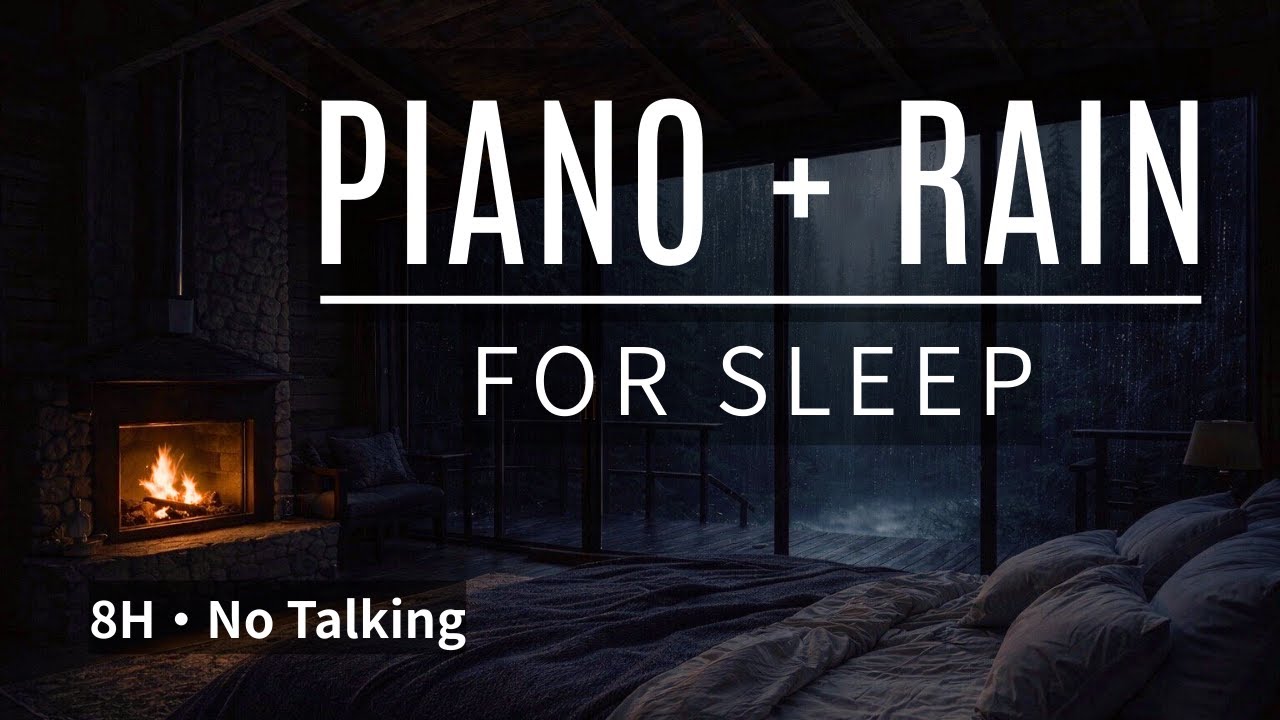 Deep Sleep Piano + Rain Sounds No Talking | 8 Hours | Cozy Cabin Night