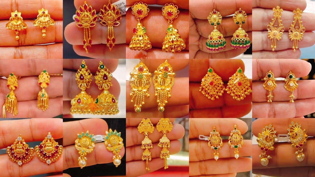 Gold lightweight shining earrings collection with weight | jhumka designs