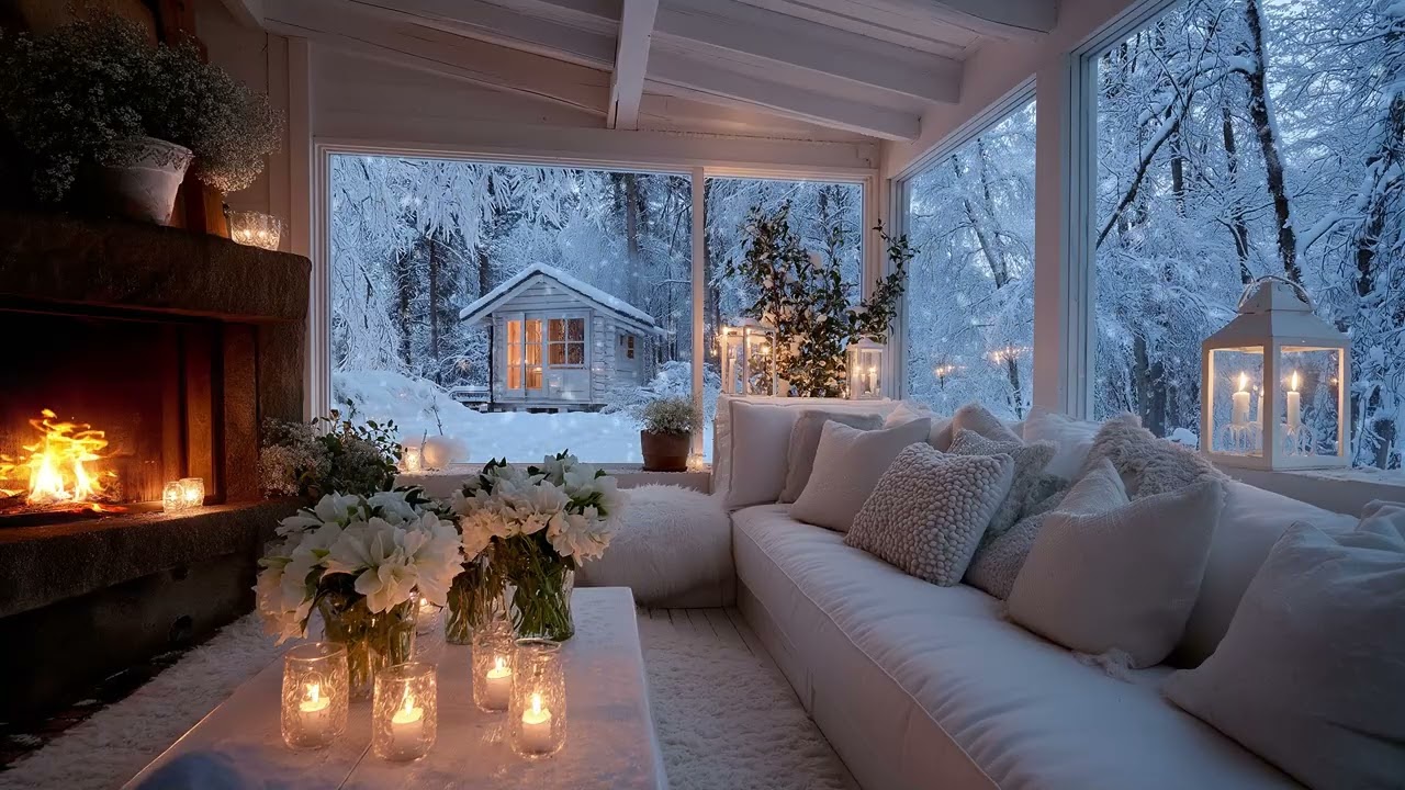 ❄️🌸Winter Lounge Study Piano  | White Lounge Flowers & Fireplace (5 Hours) | Focus Meditation Relax