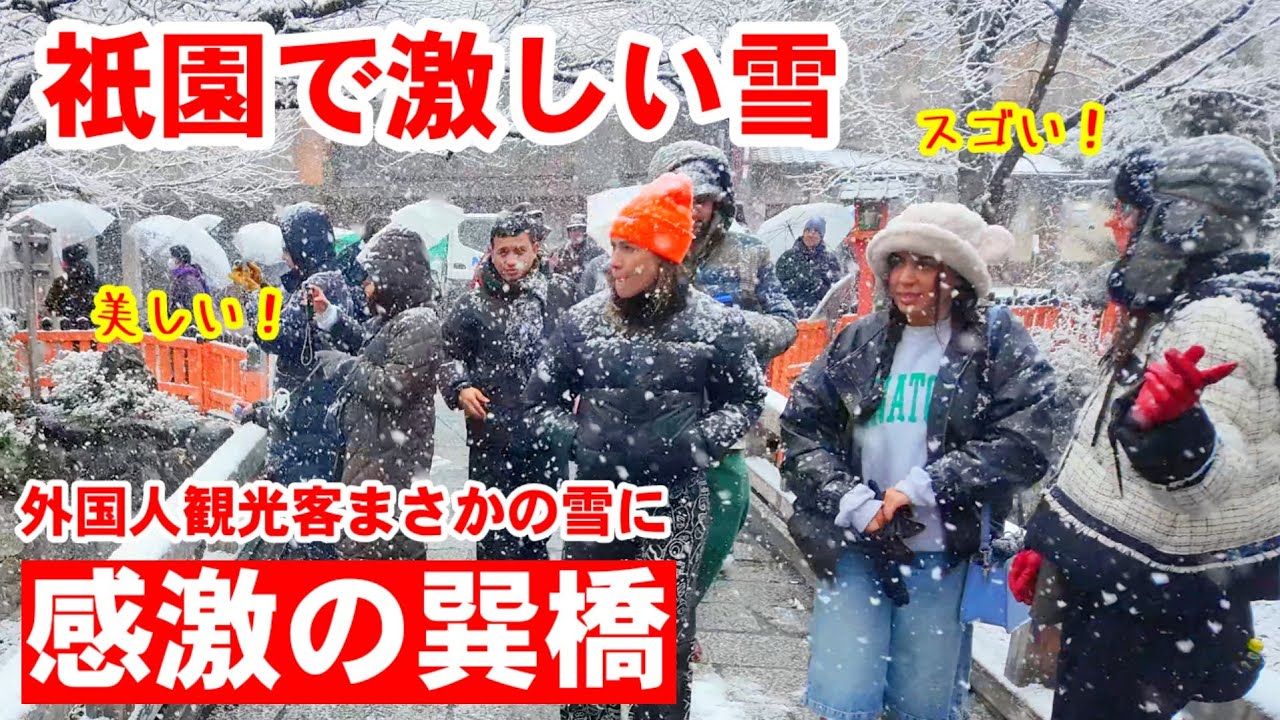 2/8(日)京都祇園で激しい雪に！巽橋に集まる観光客はまさかの雪に喜び感激のよう