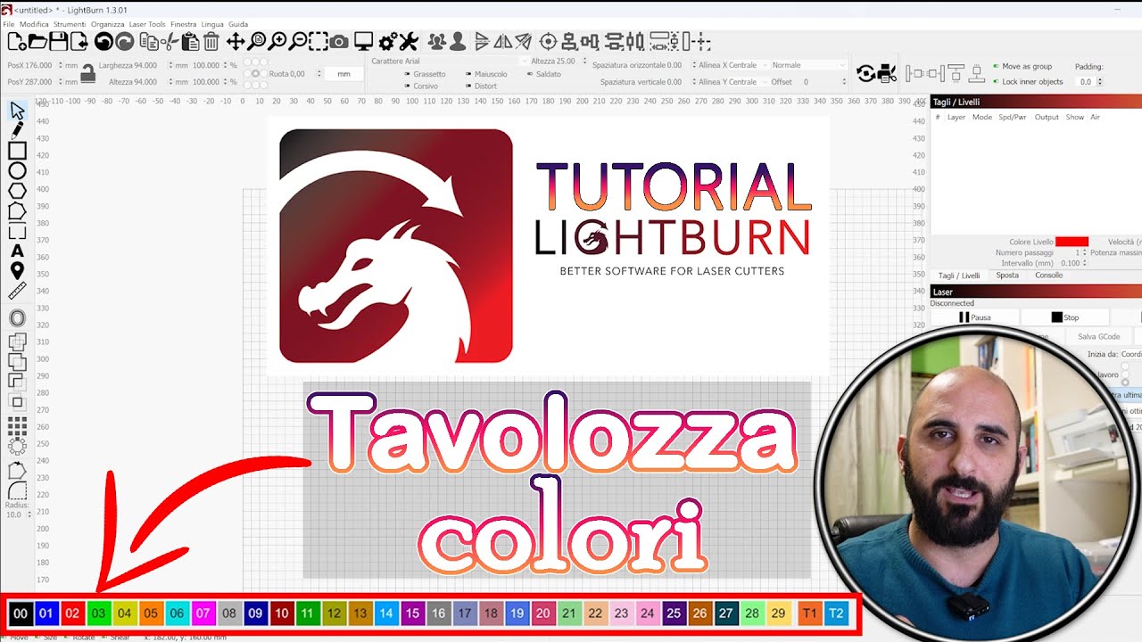 Tutorial Lightburn. Tavolozza colori o Color Palette.
