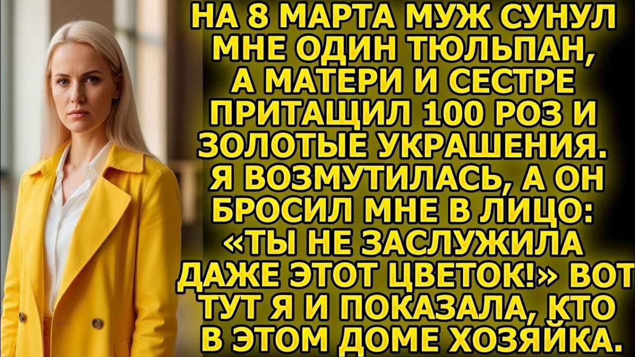 На 8 марта муж дал мне тюльпан, а матери 100 роз и золото. Потом бросил: «Ты не заслужила даже его!»