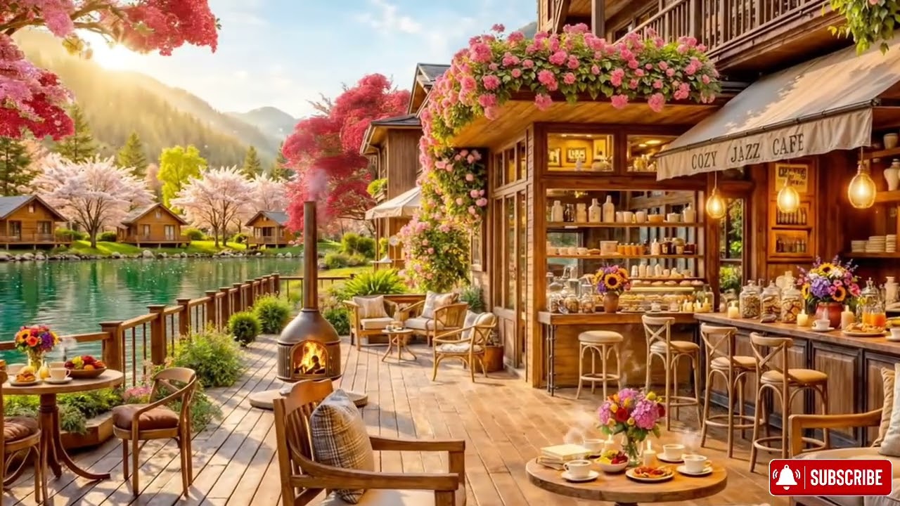 Relaxing Spring Jazz 🌸 Soft Piano Music & Cozy Outdoor Coffee Shop Ambience for Stress Relief...