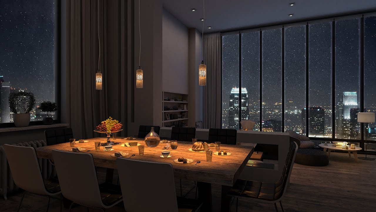 Cozy Penthouse Living & Dining area with falling Snowflakes Night Skyscraper backdrop (4K UltraHD)
