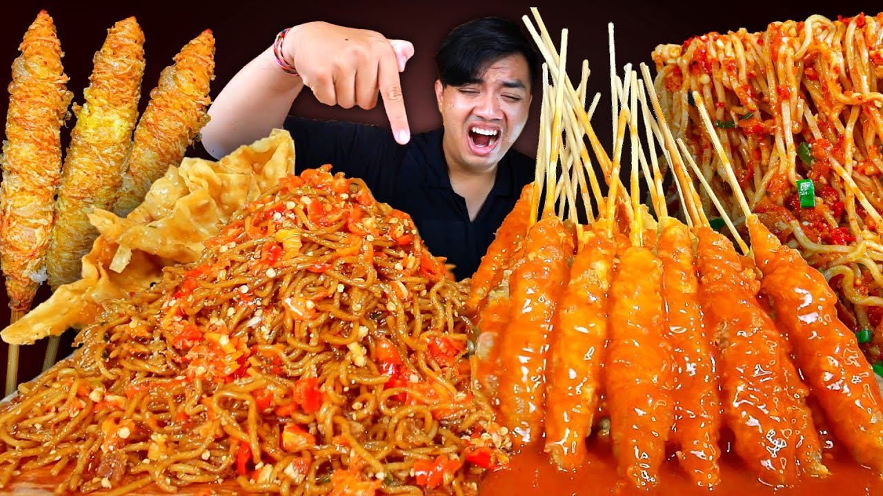 MUKBANG MIE GACOAN LEVEL 8 TERPEDAS + 50 TUSUK TELUR GULUNG SIRAM SAOS PEDAS