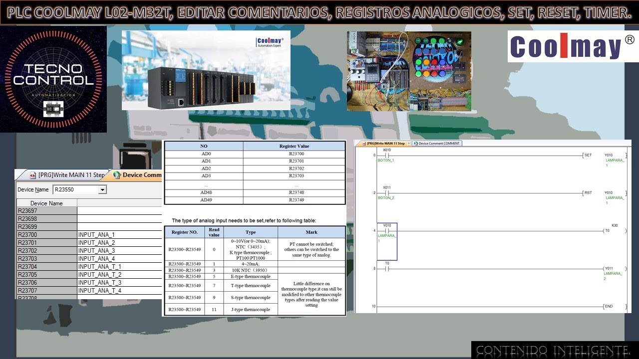 PARTE 3 - PLC COOLMAY L02-M32T, EDITAR COMENTARIOS, REGISTROS ANALOGICOS, SET, RESET, TIMER.